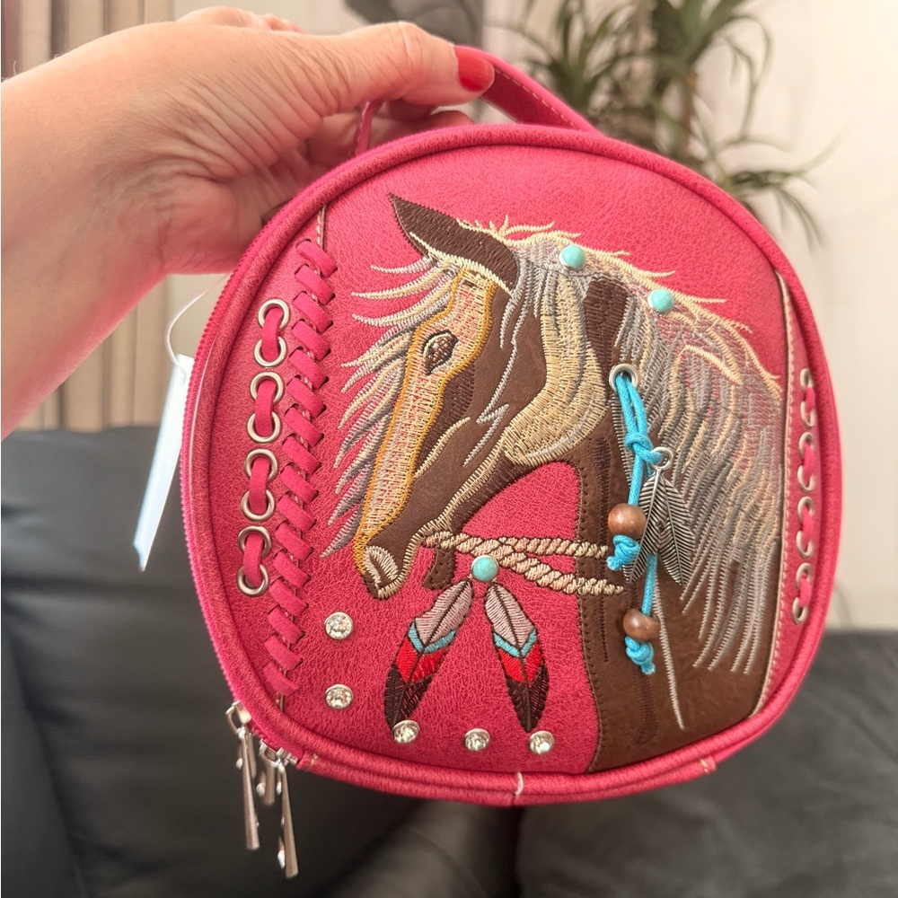 Rare Unique Color Western Embroidered Horse Pink Canteen Style Crossbody Bag